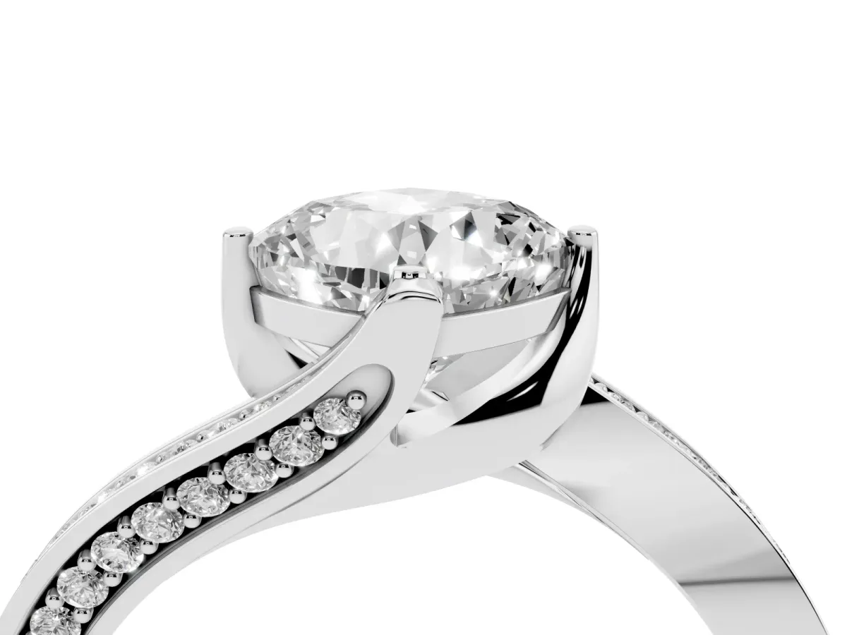 Cushion Cut Solitaire Diamond Twist Band with Pavé Setting and Four-Prong Setting Silver