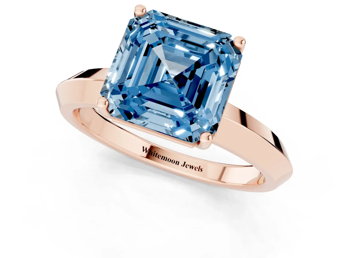 Fancy Blue Asscher Cut Cut Solitaire Engagement Ring with Flat Band and Four-Prong Setting Rose gold