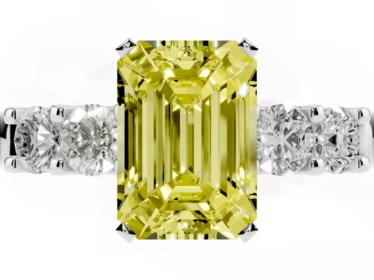 Fancy Yellow Emerald Cut Brilliant Cut Diamond Five-Stone Prong Set Engagement Ring with Channel Band Silver