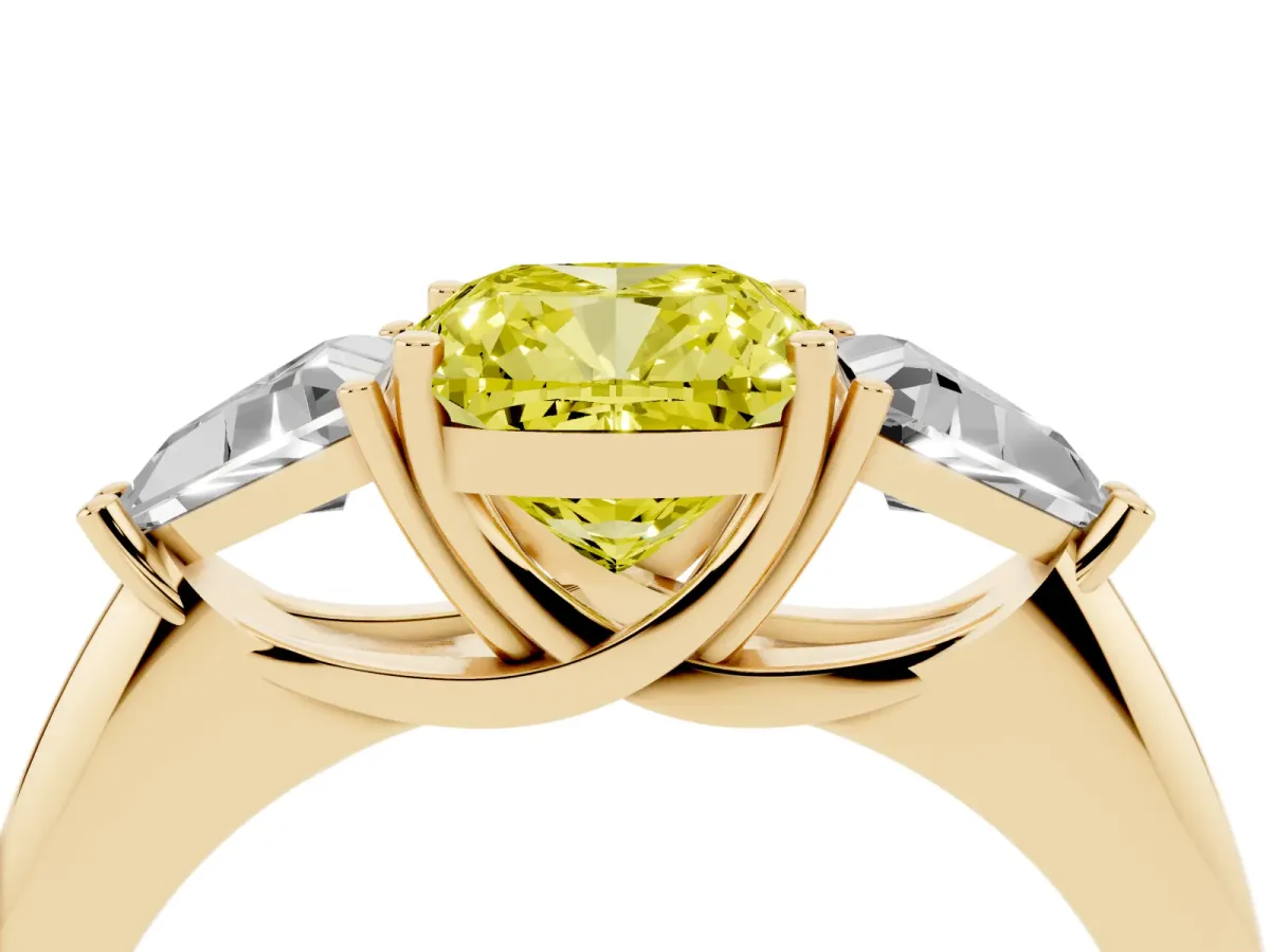 Fancy Yellow Three-Stone Cushion Cut Diamond Engagement Ring with Trillion Side Stones and Prong Setting Yellow gold