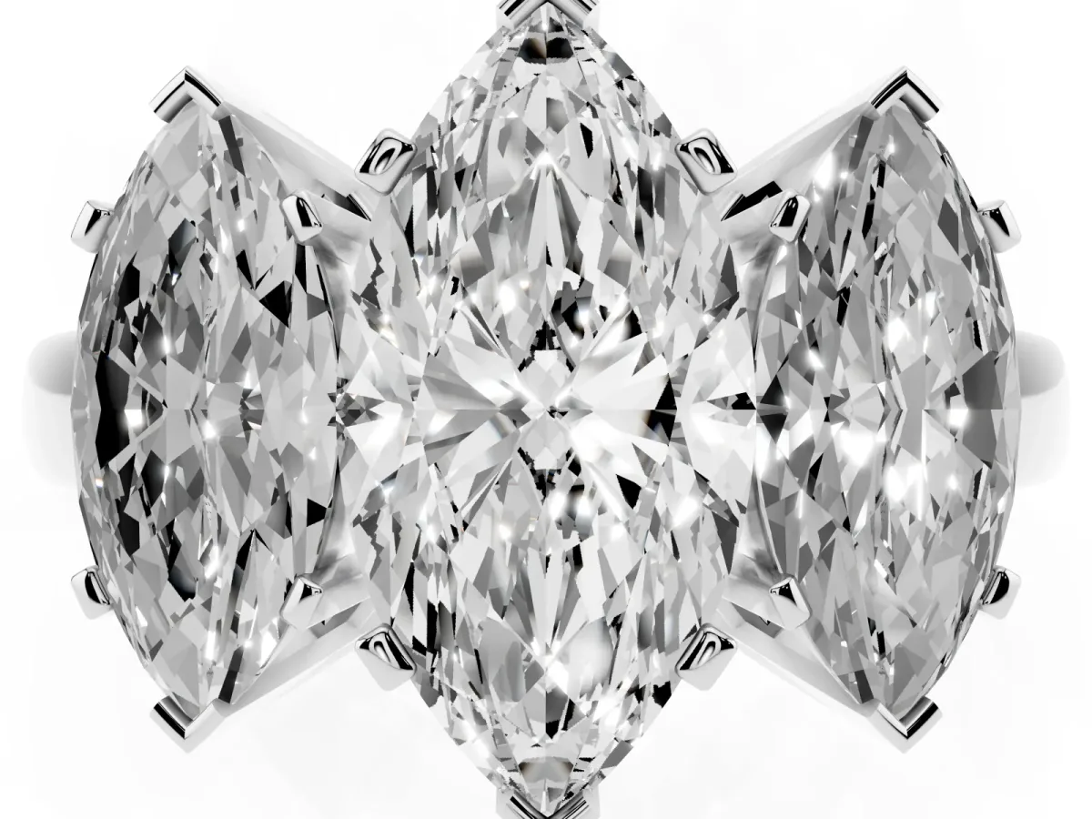 Three-Stone Marquise Cut Cut Diamond Ring with Channel Set Band and Four-Prong Setting Silver