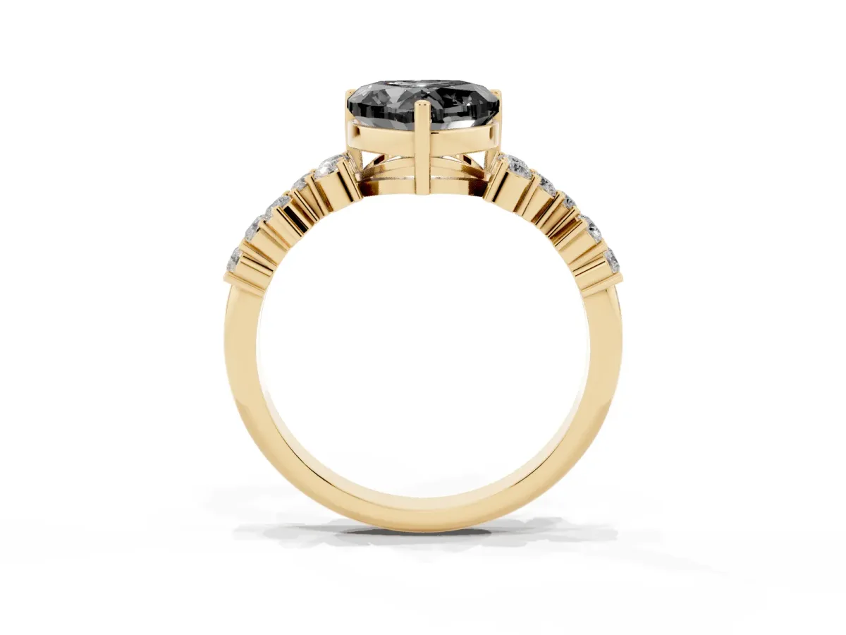 Fancy Black Heart Cut Diamond Scattered Round Accent Ring with Prong Setting Yellow gold