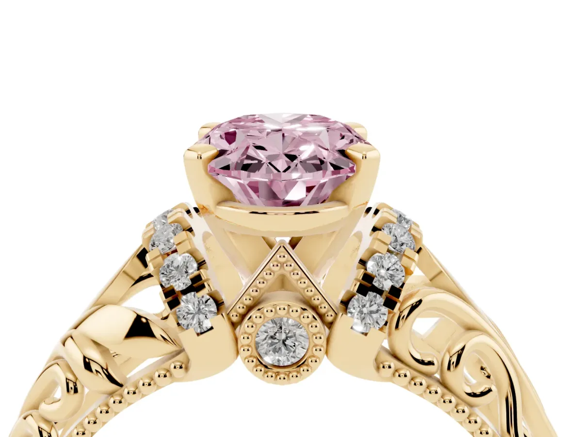 Fancy Pink Oval Cut Solitaire Filigree Engagement Ring with Halo and Prong Setting Yellow gold