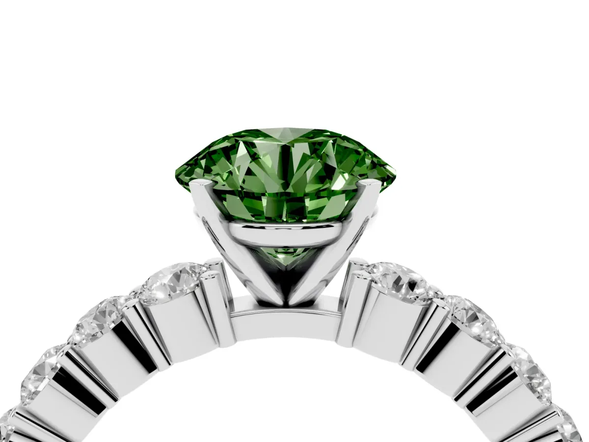Fancy Green Round Cut Diamond Solitaire Ring with Shared Prong Round Side Stones Silver