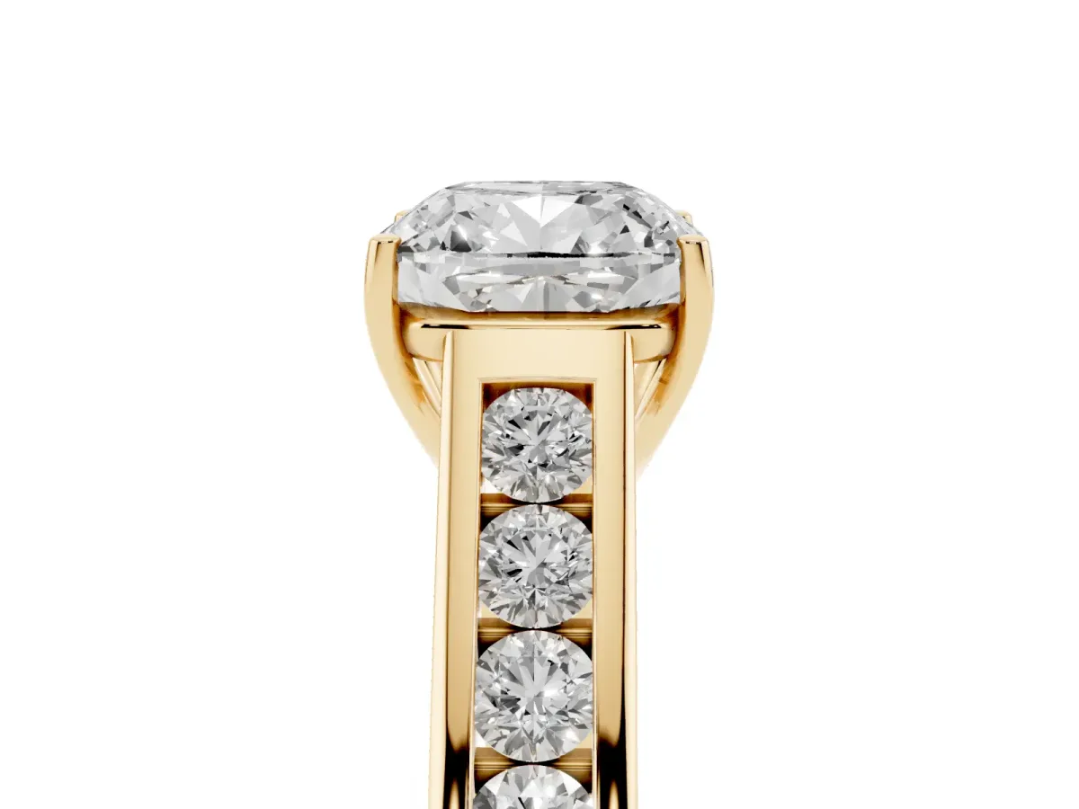 Cushion Cut Solitaire Channel-Set Diamond Engagement Ring with Four-Prong Setting Yellow gold