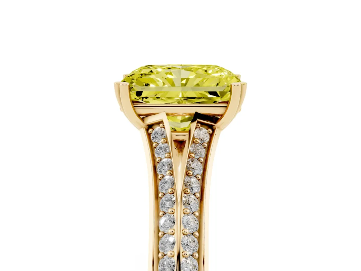 Fancy Yellow Radiant Cut Diamond Split Shank Engagement Ring with Pavé Band Yellow gold