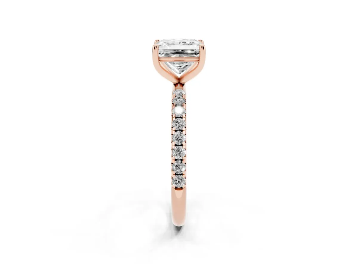 Princess Cut Cut Diamond Solitaire Ring with Micro Pave Band and Four Prong Setting Rose gold