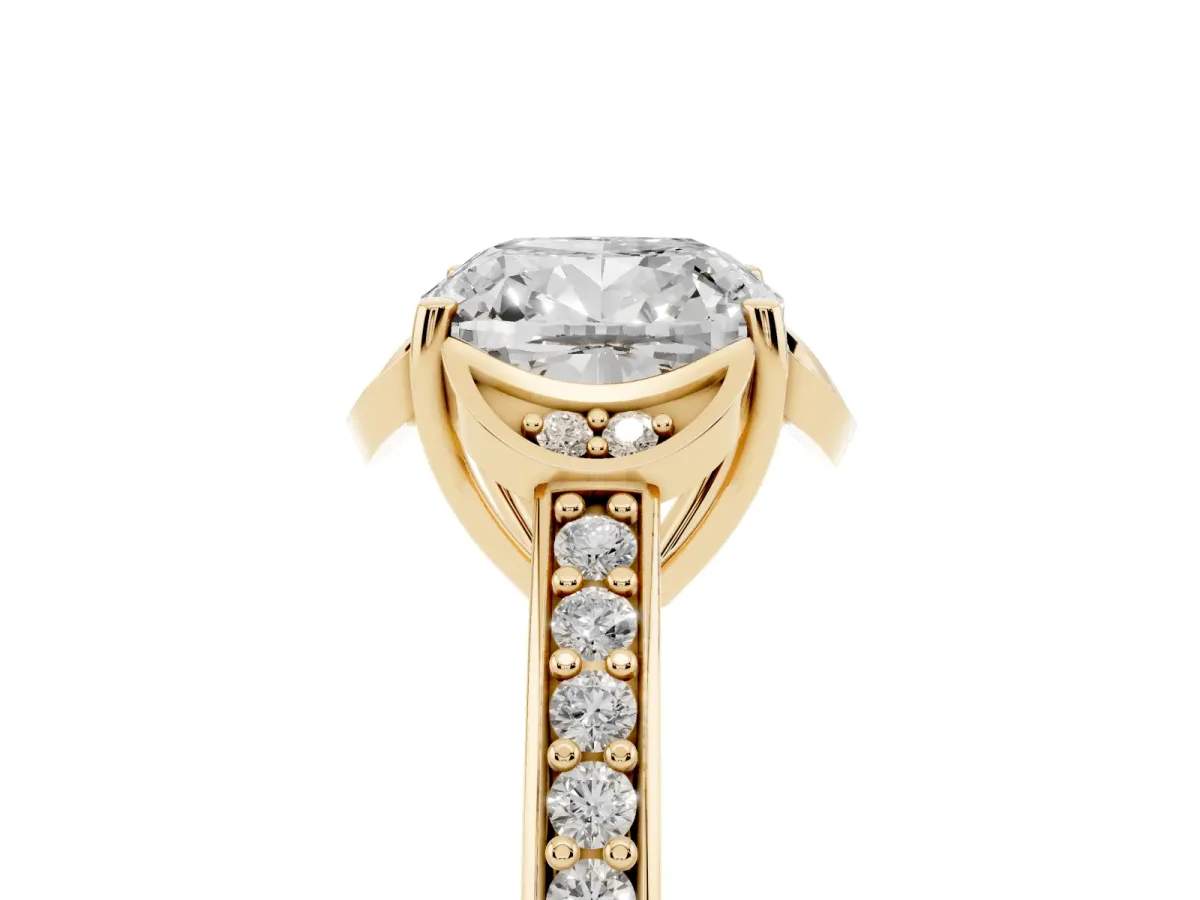 Cushion Cut Cut Halo Diamond Ring with Channel Set Band and Four-Prong Setting Yellow gold