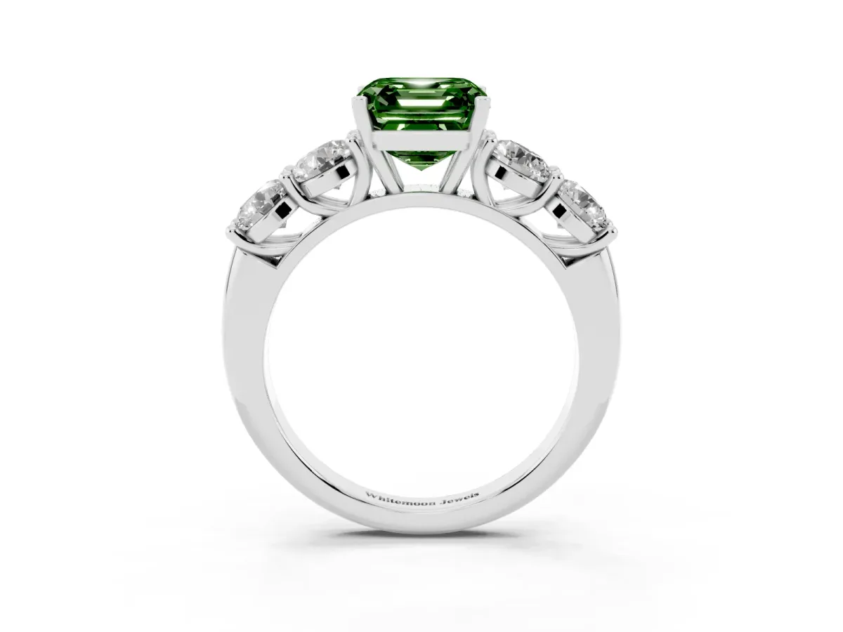 Fancy Green Asscher Cut Cut Five-Stone Prong Set Diamond Ring with Classic Band White gold