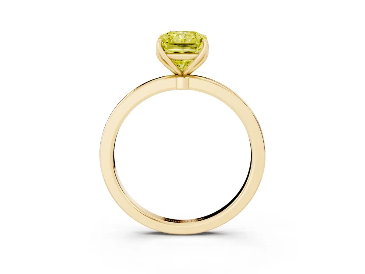 Fancy Yellow Radiant Cut Diamond Solitaire Ring with Thin Band and Prong Setting Yellow gold
