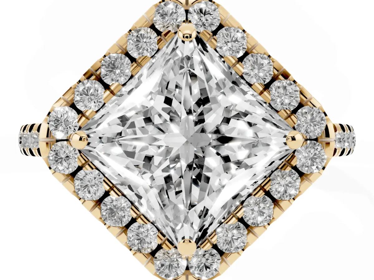 Princess Cut Diamond Cushion Halo Ring with Pavé Band Yellow gold