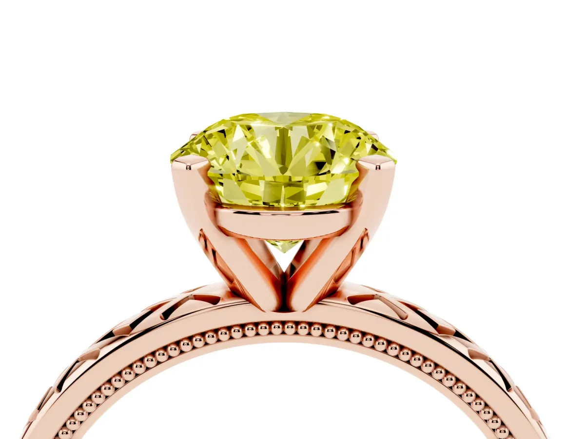 Fancy Yellow Round Cut Solitaire Diamond Ring with Milgrain and Black Enamel X Pattern Band Rose gold