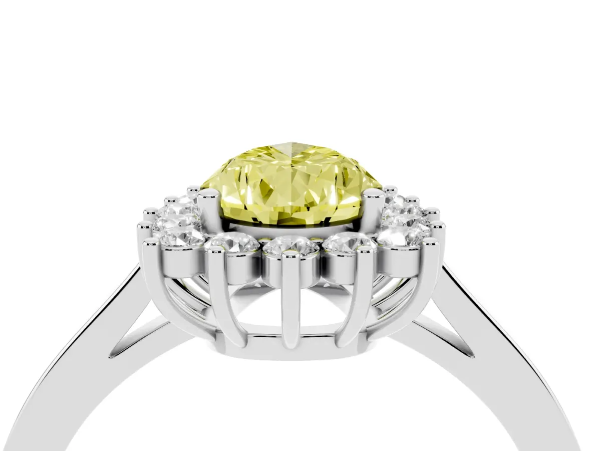 Fancy Yellow Pear Cut Cut Diamond Halo Ring with Round Brilliant Halo and Solitaire Band Silver