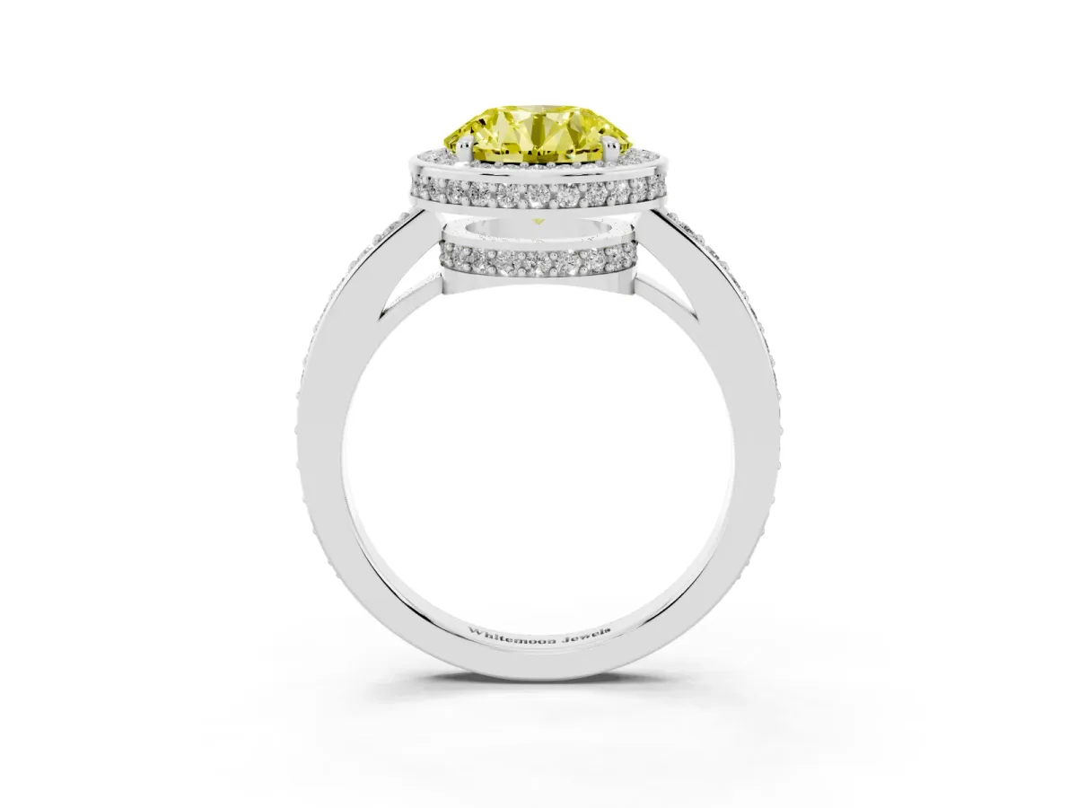 Fancy Yellow Round Cut Halo Pave Band Solitaire Ring with Prong Setting Silver