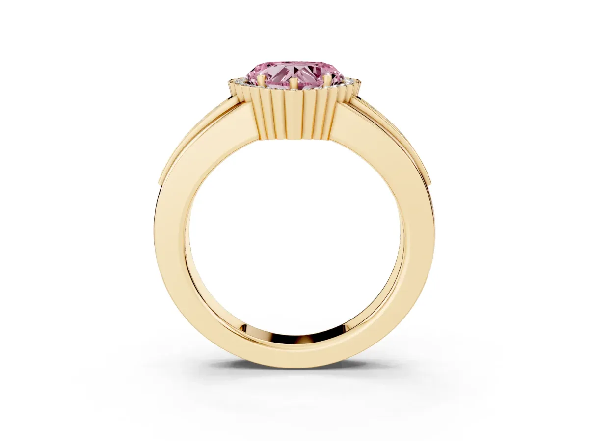 Fancy Pink Heart Cut Cut Halo Pave Band Four-Prong Ring Yellow gold