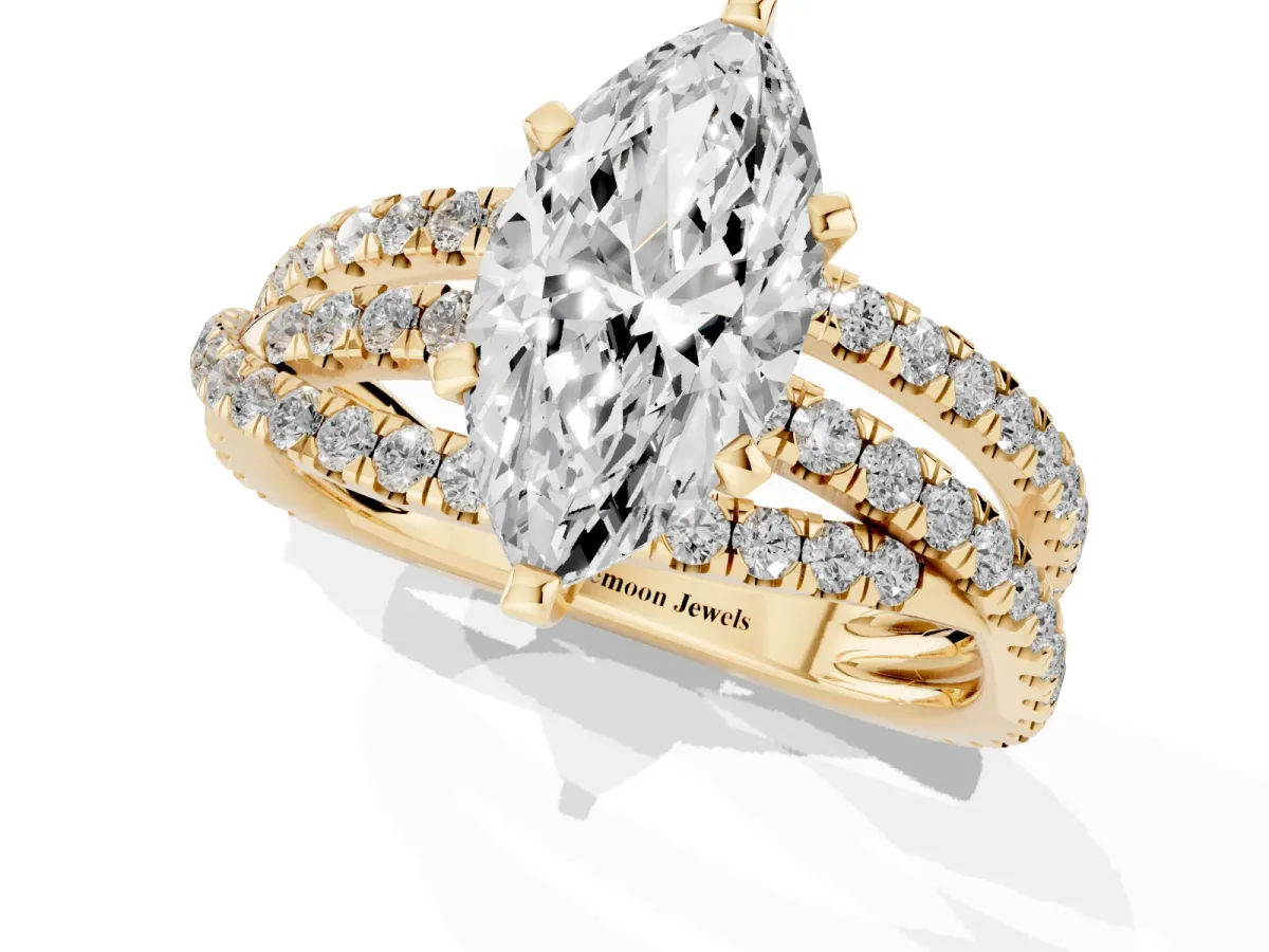 Marquise Cut Solitaire Twist Band with Pavé Setting and Four-Prong Setting Yellow gold