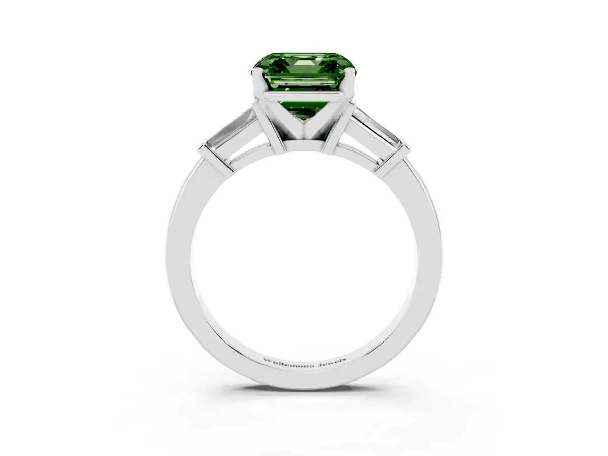 Fancy Green Asscher Cut Cut Diamond Solitaire Ring with Tapered Baguette Accents and Four-Prong Setting Platinum