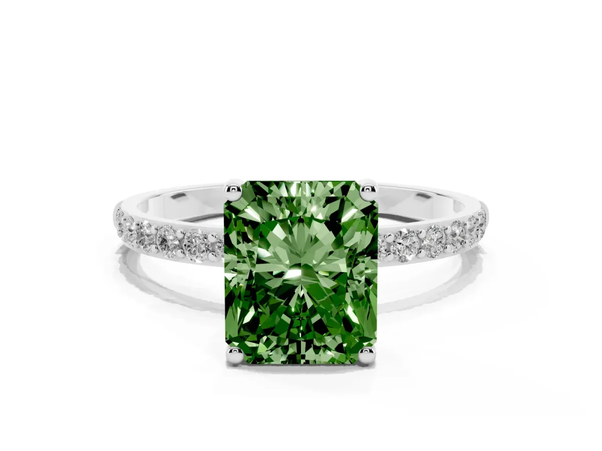 Fancy Green Radiant Cut Diamond Solitaire Ring with Round Pavé Shoulders and Prong Setting Silver