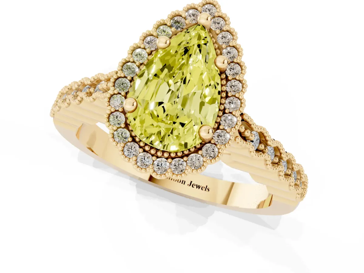 Fancy Yellow Pear Cut Cut Halo Pavé Solitaire Ring with Milgrain Band Yellow gold