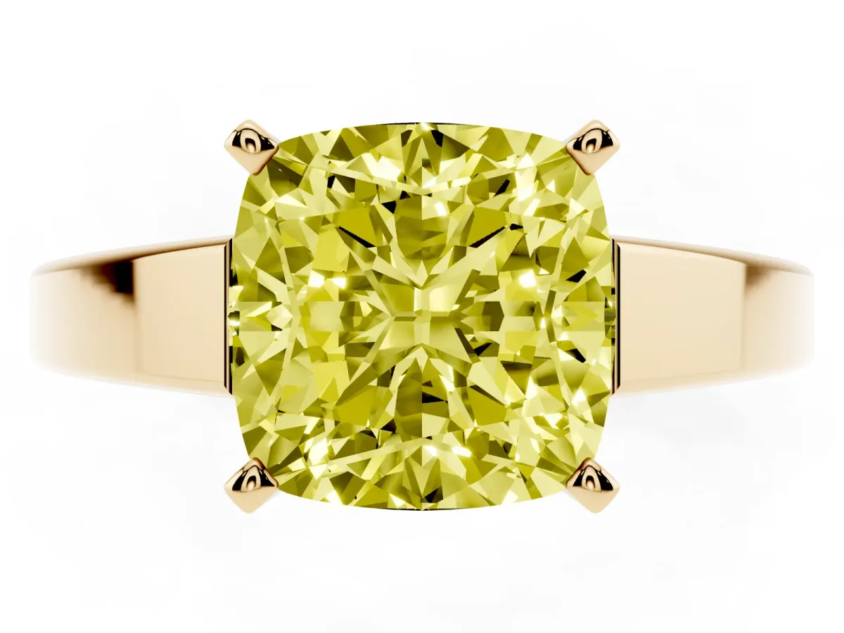 Fancy Yellow Cushion Cut Solitaire Engagement Ring with Four-Prong Setting and Tapered Band Yellow gold