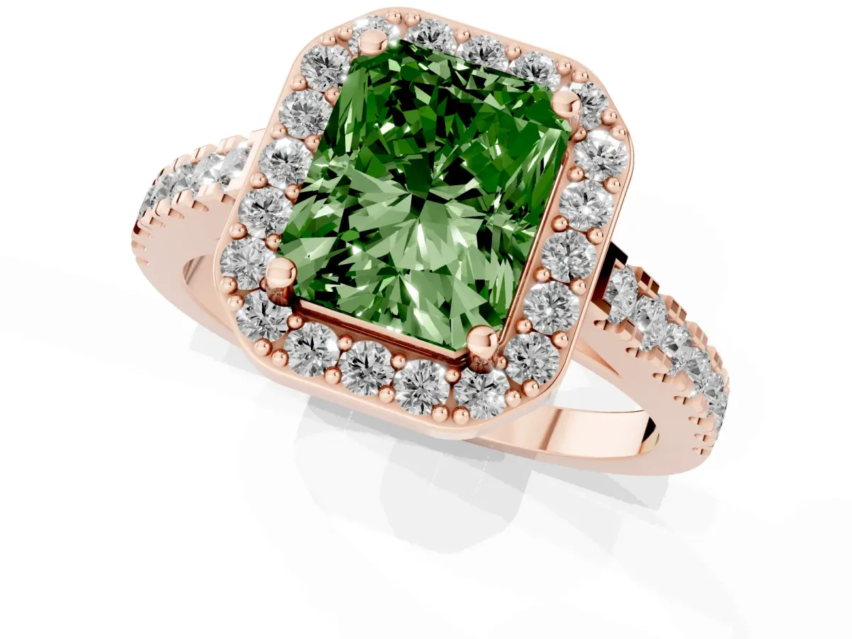 Fancy Green Radiant Cut Diamond Halo Ring with Round Pavé Split Shank and Prong Setting Rose gold