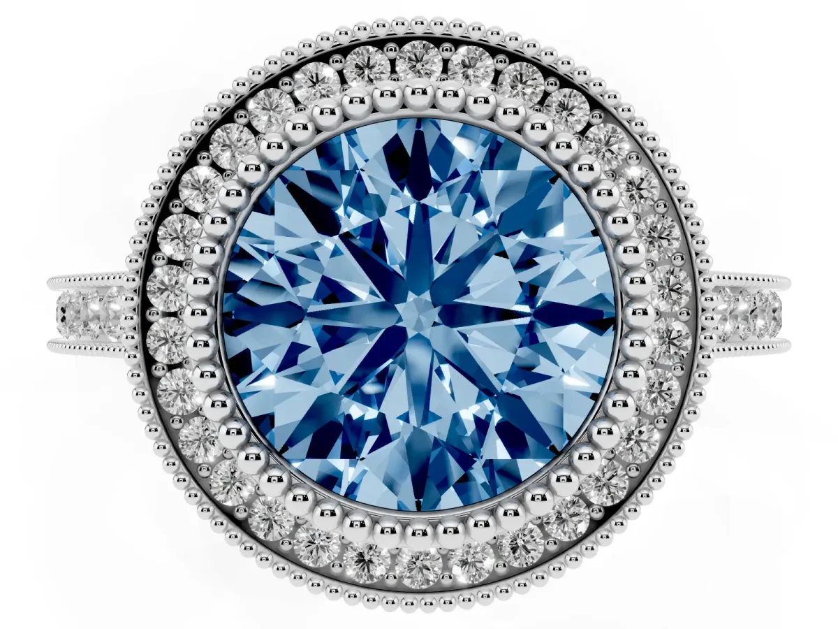 Fancy Blue Round Cut Diamond Halo Ring with Milgrain Frame and Pavé Band White gold