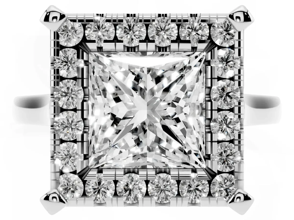 Princess Cut Diamond Cluster Halo Solitaire with Four-Prong Setting Silver