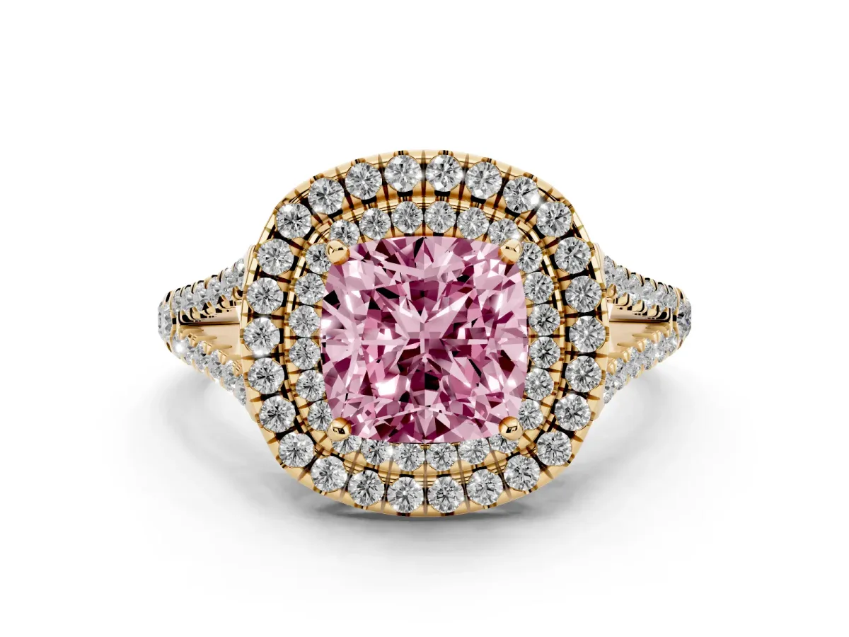 Fancy Pink Cushion Cut Diamond Double Halo Ring with Pavé Band and Prong Setting Yellow gold