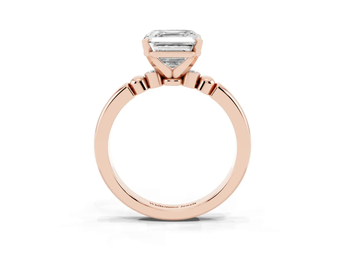 Asscher Cut Solitaire Beaded Band with Four-Prong Setting Rose gold