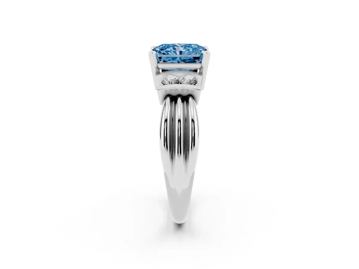 Fancy Blue Radiant Cut Cut Three-Stone Channel Set Ring with Bar Prongs Silver
