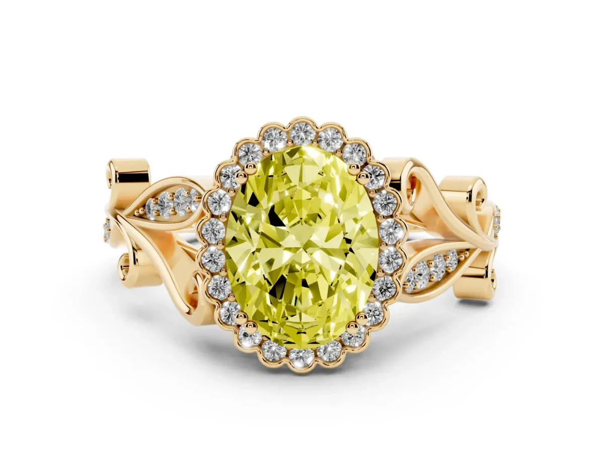 Fancy Yellow Oval Cut Diamond Halo Ring with Vintage Split Shank and Four-Prong Setting Yellow gold