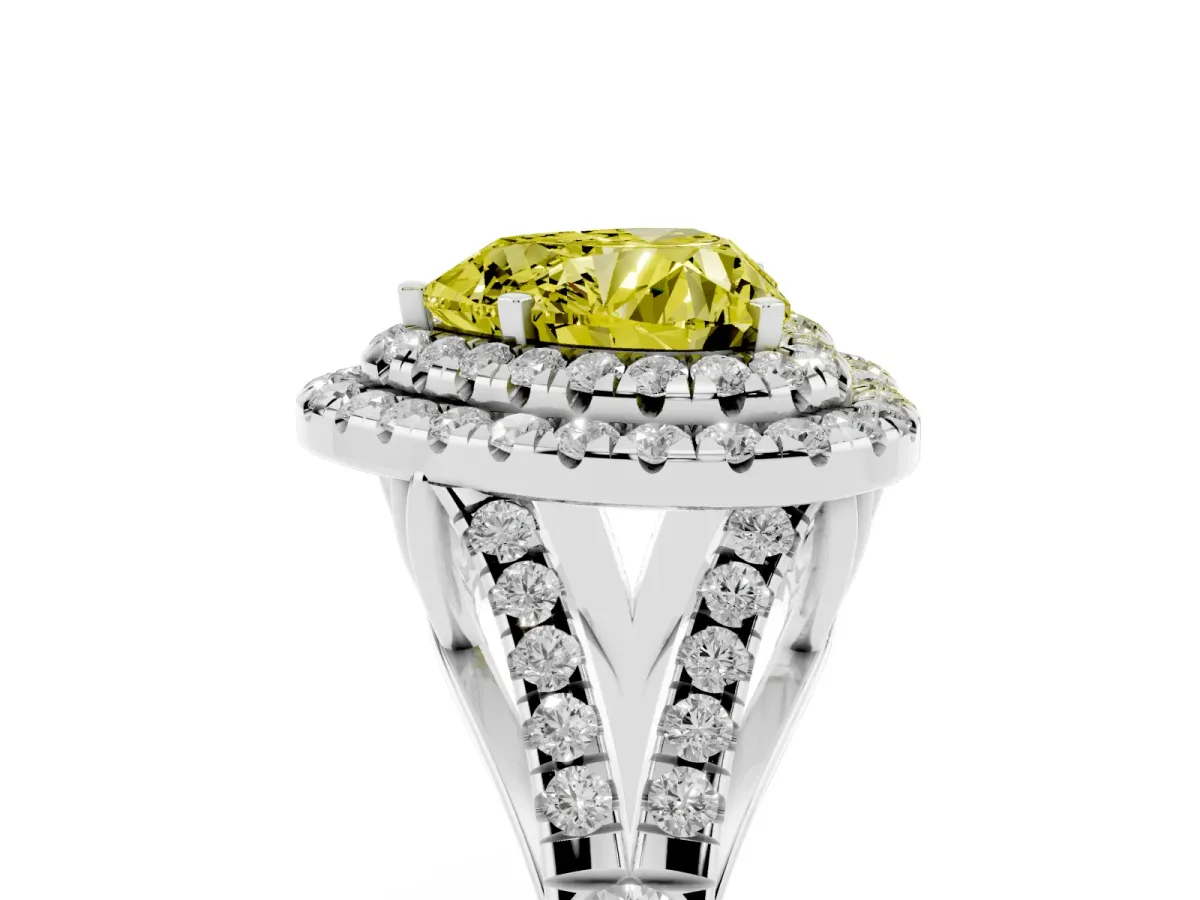 Fancy Yellow Heart Cut Cut Double Halo Split Shank Diamond Ring with Prong Setting Silver
