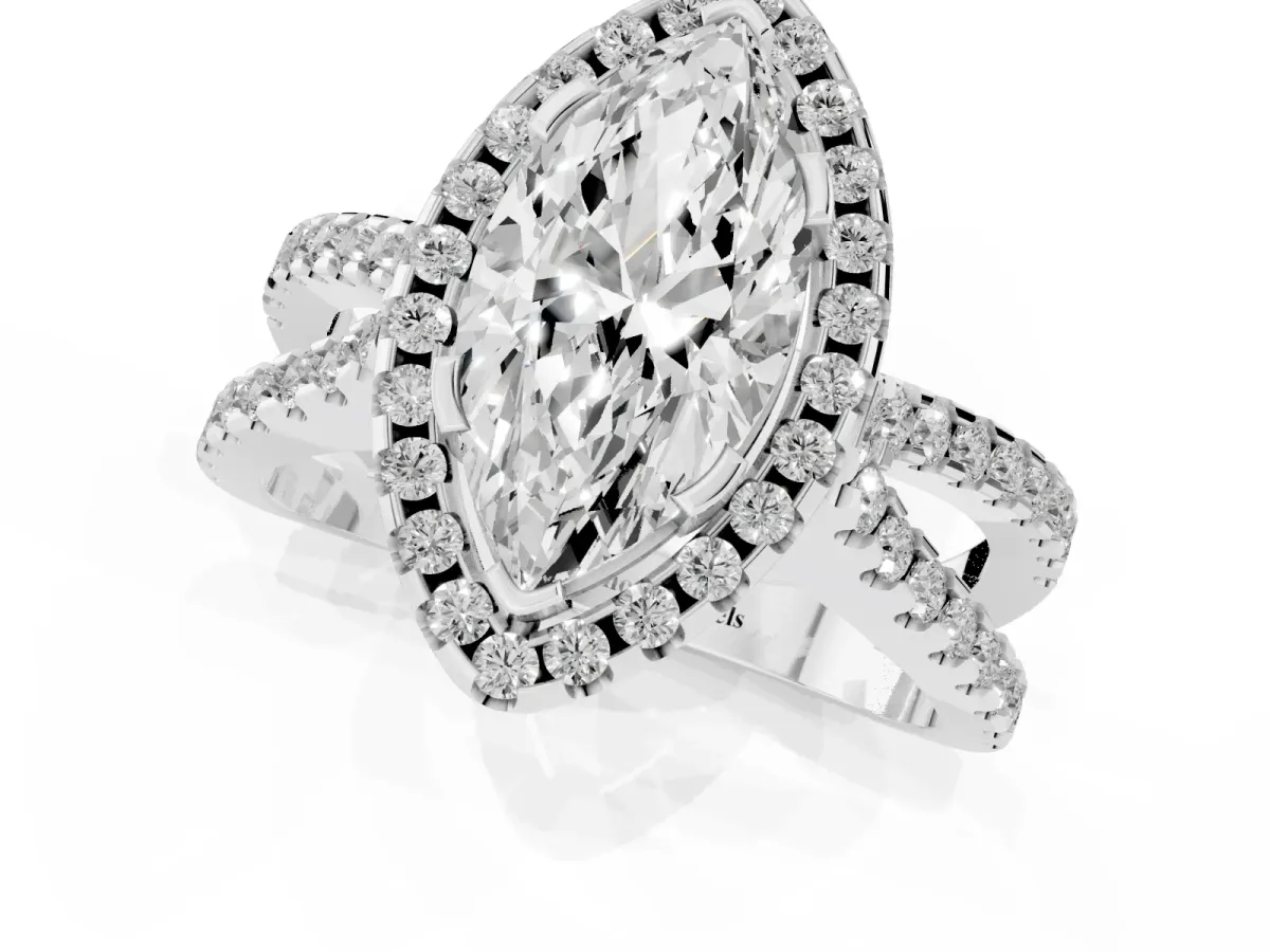 Marquise Cut Diamond Halo Ring with Split Shank Pavé Band and Prong Setting Silver