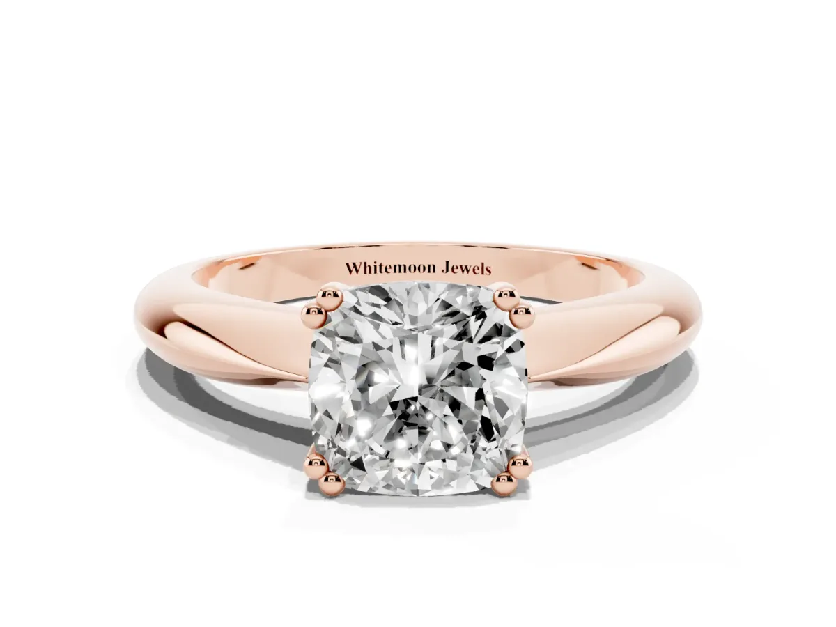Cushion Cut Cut Solitaire Engagement Ring with Tapered Band and Four-Prong Setting Rose gold
