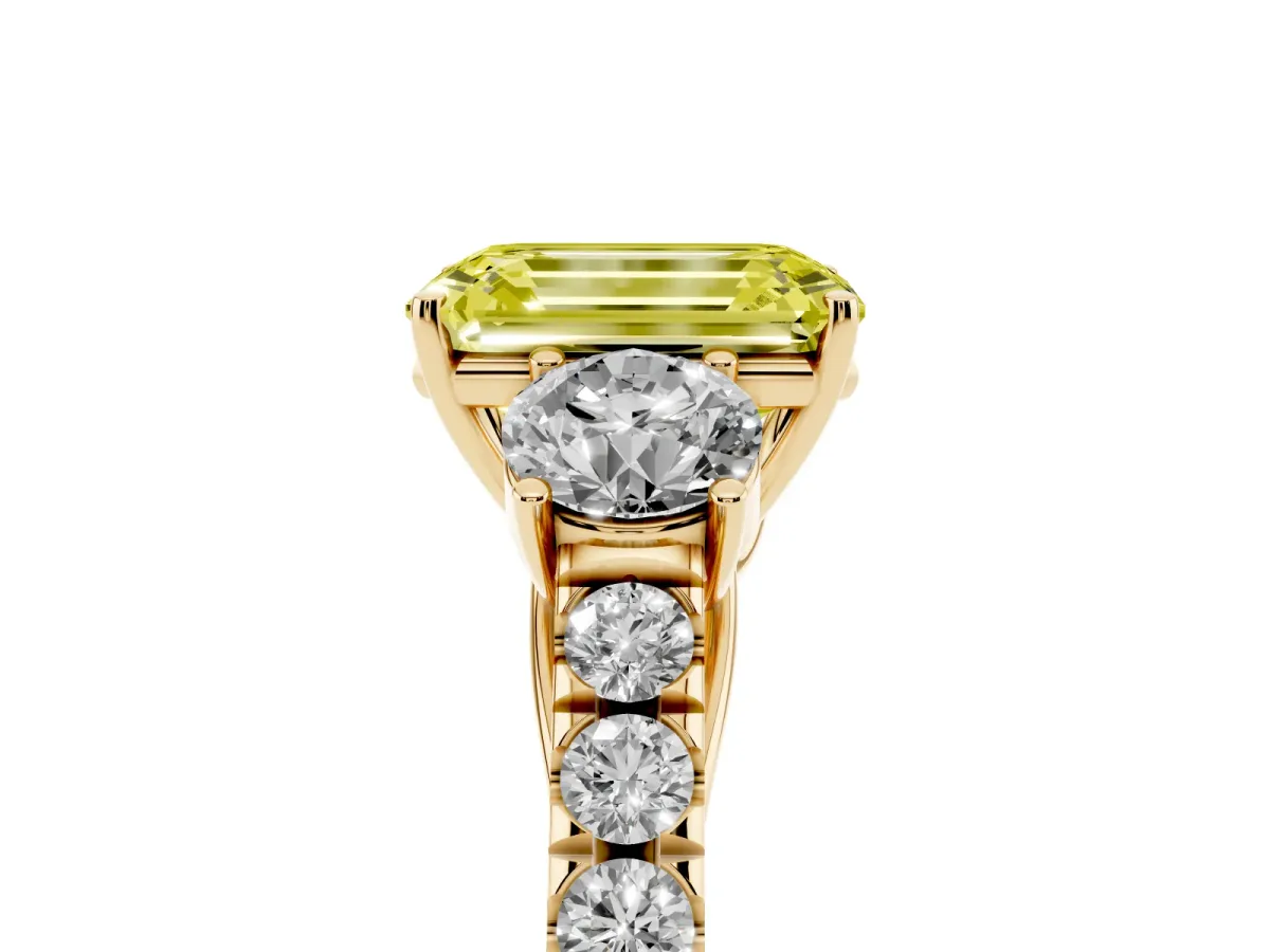 Fancy Yellow Emerald Cut Cut Diamond Three-Stone Ring with Round Side Stones and Pavé Band Yellow gold