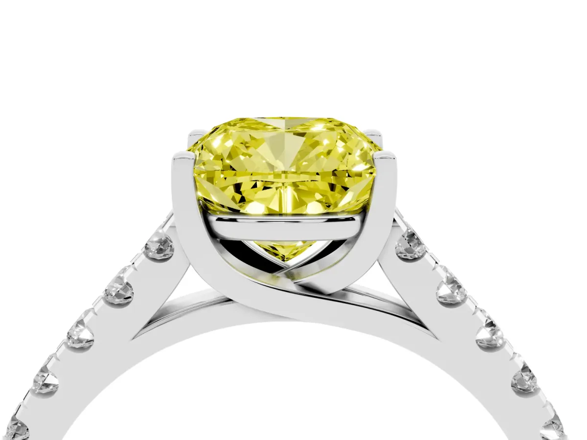 Fancy Yellow Cushion Cut Diamond Pavé Band Solitaire Ring with Prong Setting Platinum