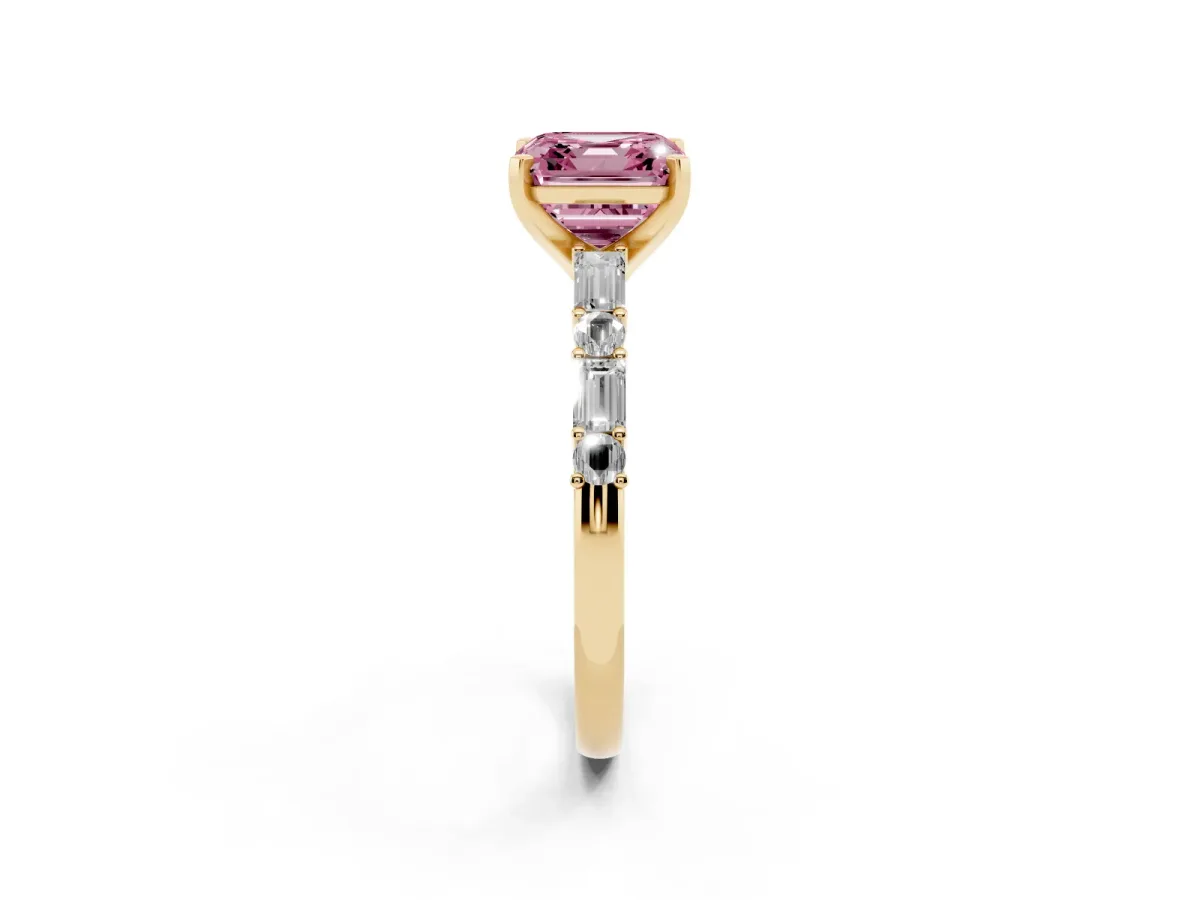 Fancy Pink Asscher Cut Diamond Solitaire with Side Baguettes and Channel Set Band Yellow gold