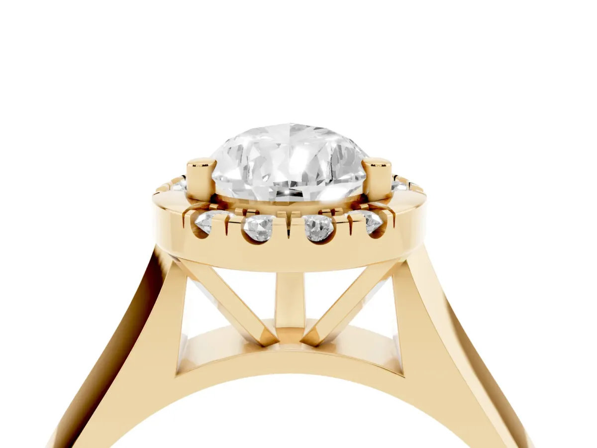 Pear Cut Cut Halo Solitaire Engagement Ring with Square Band and Four-Prong Setting Yellow gold