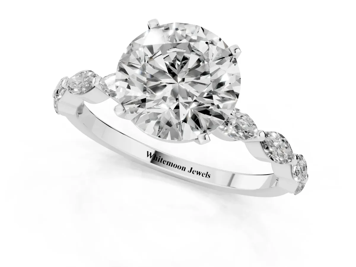 Round Cut Diamond Ring with Marquise Side Stones and Prong Setting Silver