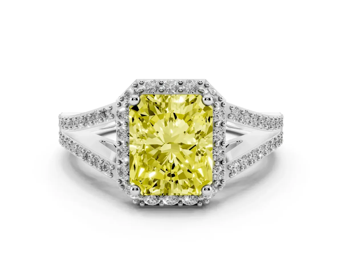 Fancy Yellow Radiant Cut Halo Split Shank Pave Diamond Ring with Four-Prong Setting Platinum