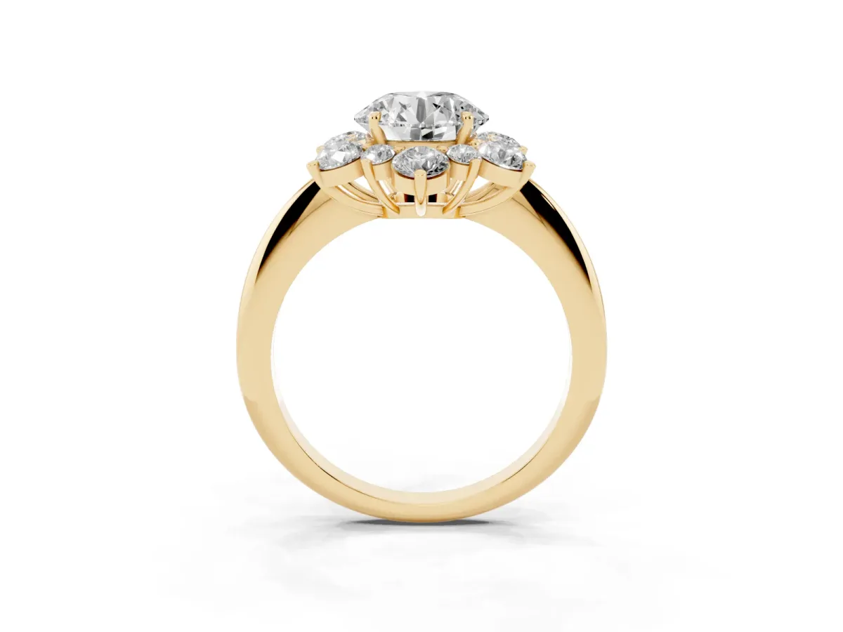 Round Cut Diamond Cluster Halo Ring with Solitaire Band and Four-Prong Setting Yellow gold