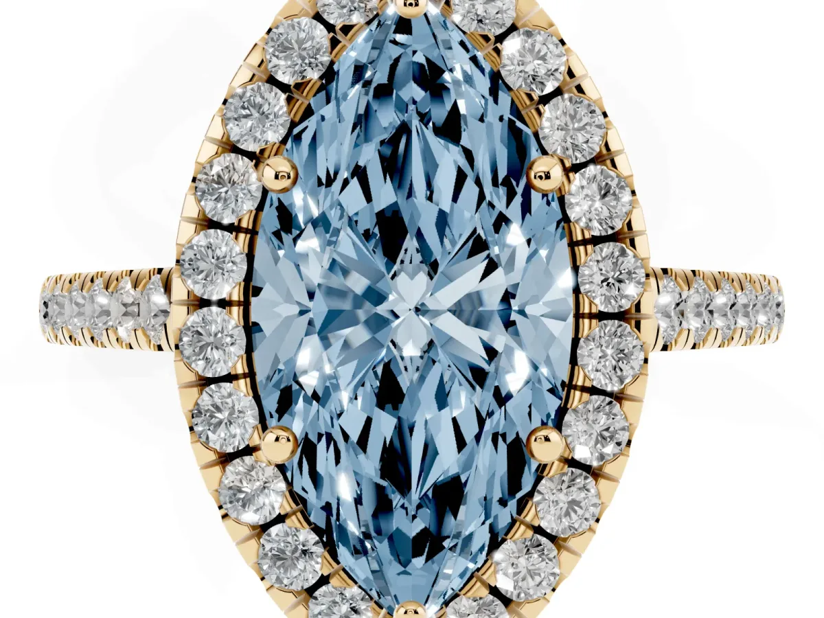 Fancy Blue Marquise Cut Halo Pavé Diamond Engagement Ring with Four-Prong Setting Yellow gold