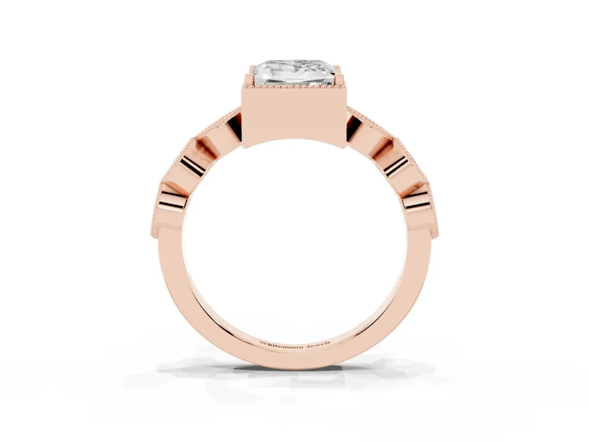 Princess Cut Diamond Vintage Milgrain Ring with Round Stations Rose gold
