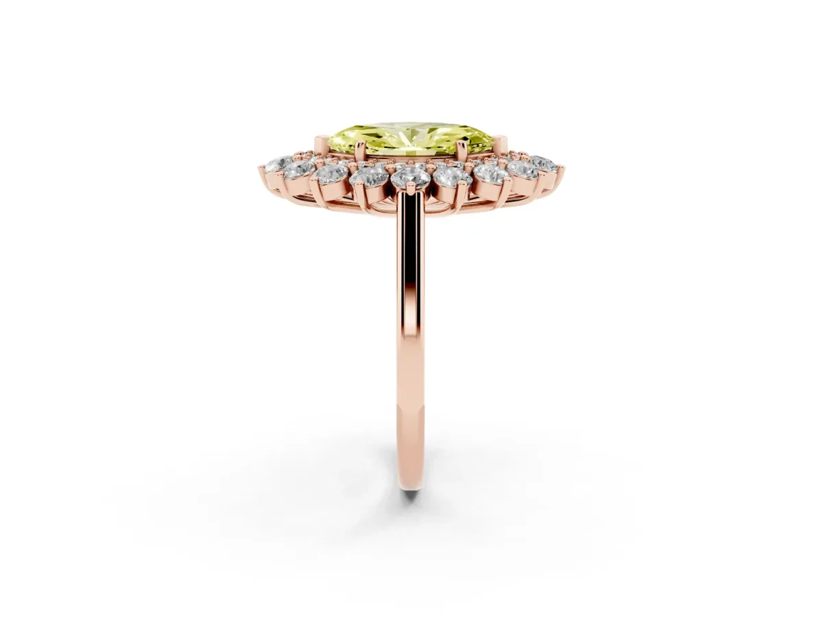 Fancy Yellow Marquise Cut Diamond Floral Double Halo Engagement Ring with Prong Setting Rose gold