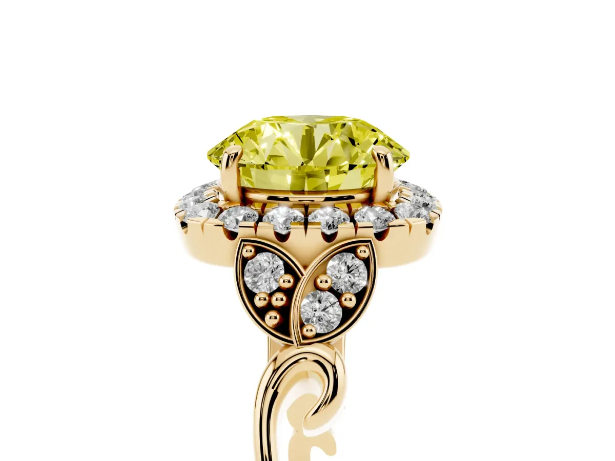 Fancy Yellow Round Cut Halo Diamond Engagement Ring with Vintage-Inspired Band and Four-Prong Setting Yellow gold