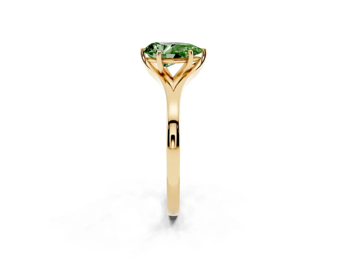 Fancy Green Pear Cut Solitaire Diamond Ring with Six-Prong Setting and Tapered Band Yellow gold
