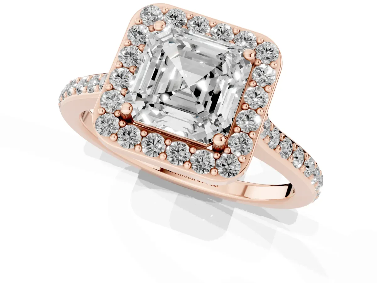 Asscher Cut Diamond Halo Engagement Ring with Round Pavé Shoulders and Prong Setting Rose gold