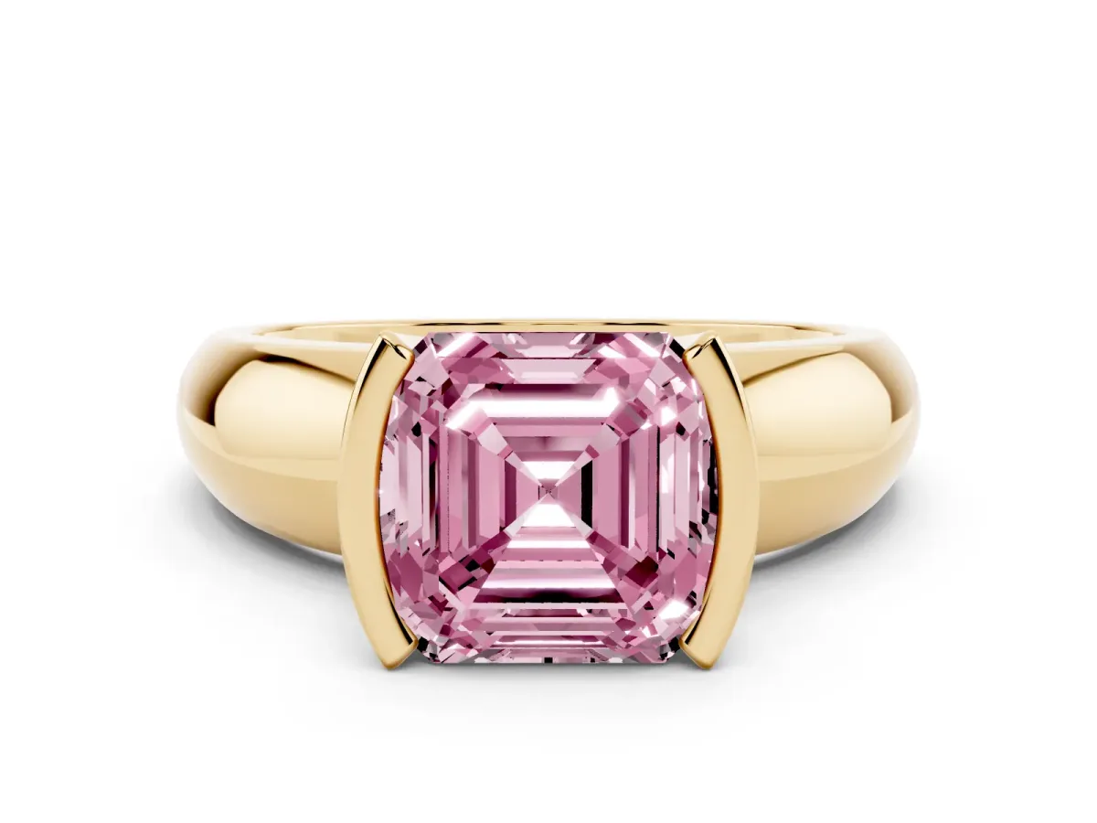 Fancy Pink Asscher Cut Solitaire Tension Set Diamond Ring with Wide Band Yellow gold