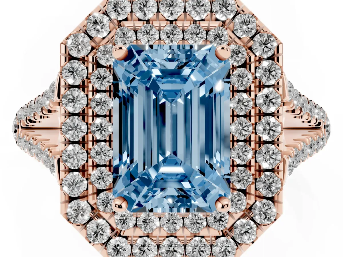 Fancy Blue Emerald Cut Diamond Double Halo Ring with Pavé Band and Prong Setting Rose gold
