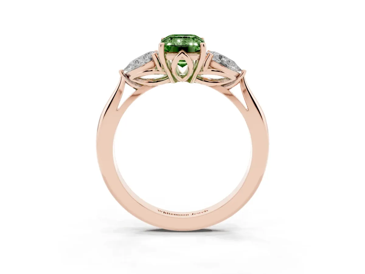 Fancy Green Three-Stone Emerald Cut Diamond Ring with Pear Side Stones in Four-Prong Setting Rose gold